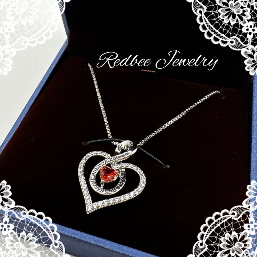 NIB Redbee 18k GP white gold heart‎ and deep orange CZ diamond necklace!